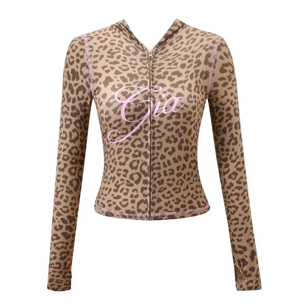 I.AM.GIA Blare Hoodie Mocha Leopard Print Pink Logo Zip Up Cropped NEW sporty